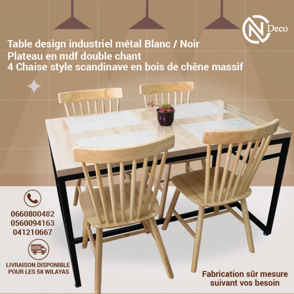 Table design industriel avec 4 chaises style scandinave en bois