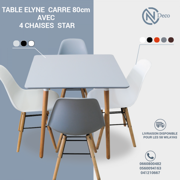 Table ELYNE carré 80 cm avec 4 chaises STAR